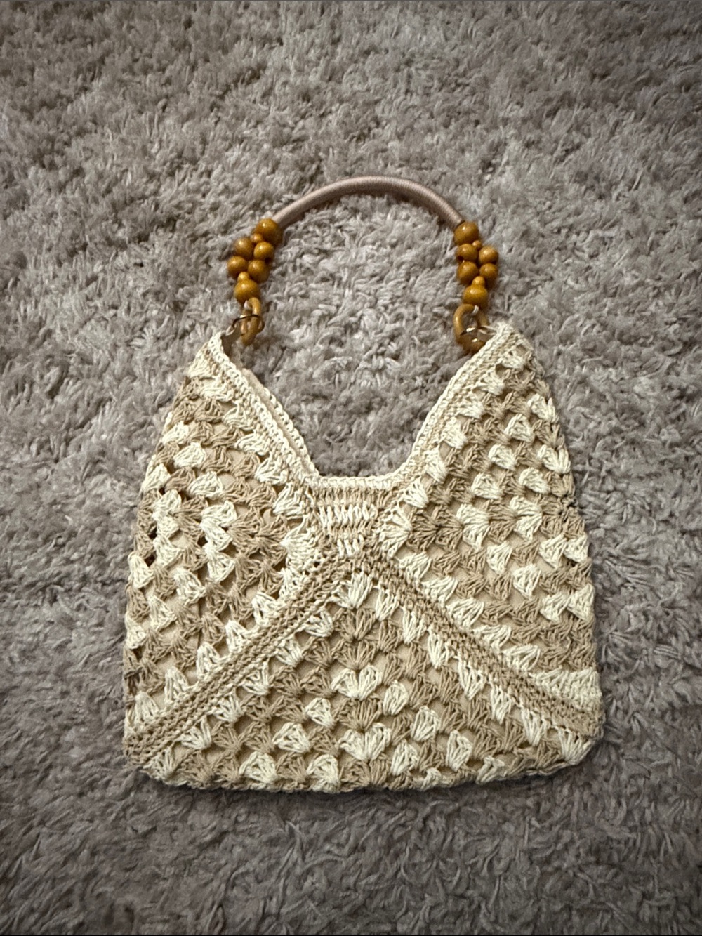 Cream & Tan Crochet Shoulder Bag with Wooden Bead Handle